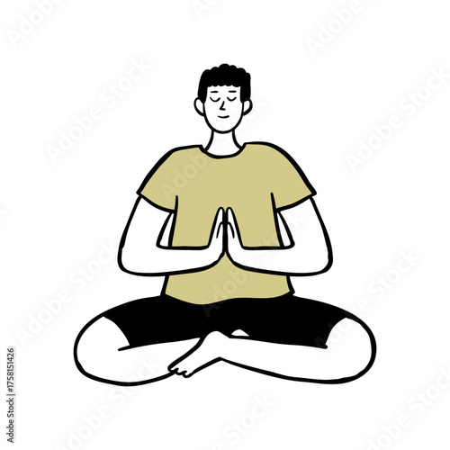 Hand Drawn Man Meditating in Lotus Pose. Hand Drawn Illustration of a Man Doing Yoga.