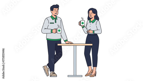 Two colleagues enjoy a coffee break standing by a table vector illustration on white background