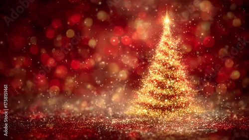 Glowing golden Christmas tree with sparkling lights on red festive background
