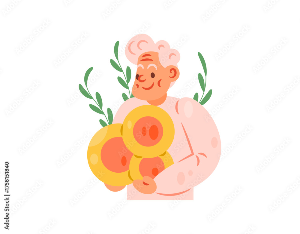 Fototapeta premium Illustration of a grandfather holding coins. Grandfather is happy because he received money from an investment. Retirement money, pension, investment returns. Flat design style. White background.