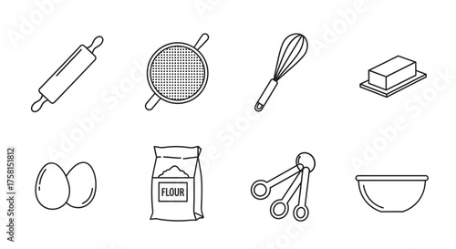 Black outline icons depicting essential baking tools including a rolling pin, sifter, whisk, butter dish, eggs, flour bag, measuring spoons, and mixing bowl.