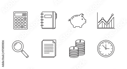 Black outline icons of a calculator, notebook, piggy bank, chart, magnifying glass, document, stacked coins, and clock, symbolizing finance and organization.