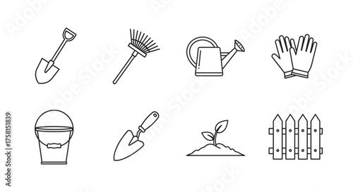 Set of black outline gardening tool icons including a shovel, rake, watering can, gloves, bucket, spade, seedling, and fence.