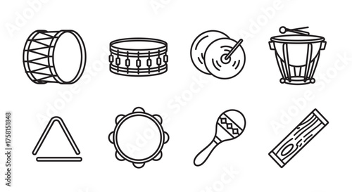 Black outline vector icons of various percussion instruments, including a drum, snare, cymbals, tambourine, triangle, maraca, and guiro.