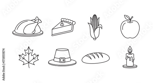 Black outline icons of thanksgiving items including turkey, pie, corn, apple, maple leaf, pilgrim hat, bread, and candle in a simple linear style.