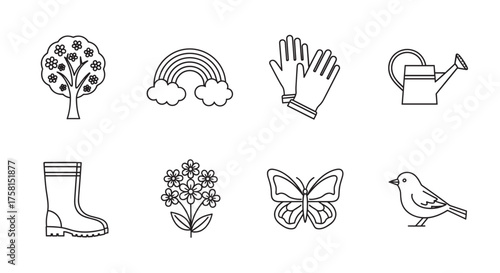 Simple black outline icons of a flowering tree, rainbow with clouds, gardening gloves, watering can, rubber boot, flower plant, butterfly, and bird.