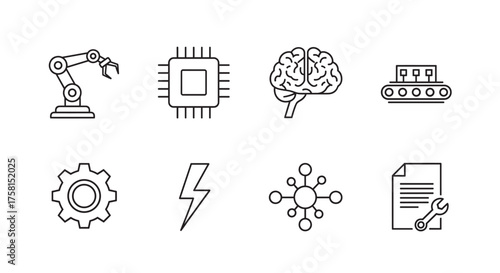 Set of eight black outline technology icons including a robotic arm, microchip, brain, conveyor belt, gear, lightning bolt, network symbol, and a document with a wrench.
