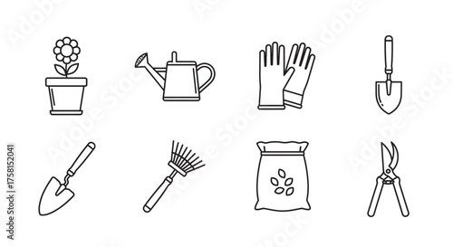 Black outline icons of gardening tools and potted plant including watering can, gloves, trowel, rake, seed bag, and shears, arranged in two rows.