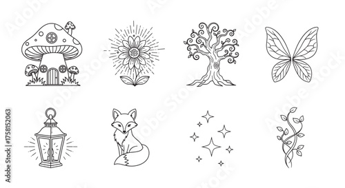 Black outline vector icons featuring a whimsical mushroom house, a sunflower, a curly tree, a butterfly, a lantern, a sitting fox, sparkling stars, and a climbing vine.