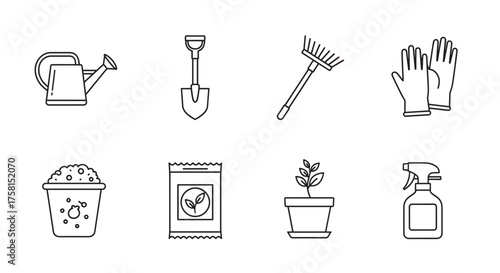 Black outline vector icons of gardening tools, including watering can, shovel, rake, gloves, soil, seed packet, potted plant, and spray bottle.