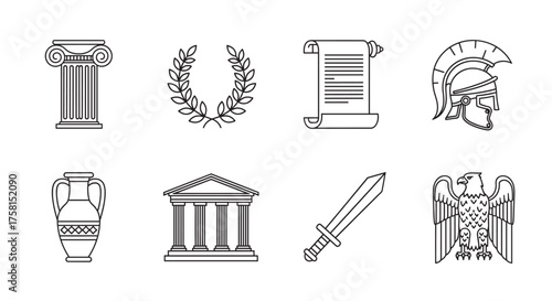 Black outline icons representing classical greek symbols including a column, laurel wreath, scroll, and warrior helmet for historical and cultural concepts.