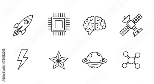 Eight black outline icons representing a rocket, microchip, brain, satellite, lightning bolt, star, planet, and molecule for technology and science themes.