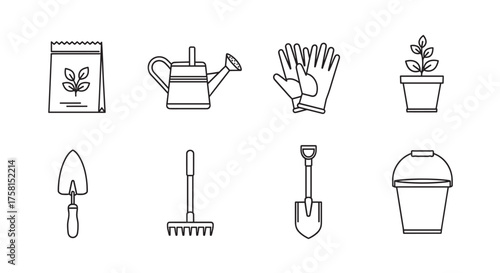 Black outline icons depicting various gardening tools, including a seed packet, watering can, gloves, potted plant, trowel, rake, shovel, and bucket.
