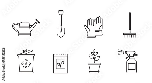 Black outline icons of gardening tools including a watering can, shovel, gloves, rake, compost bin, seed packet, potted plant, and spray bottle.