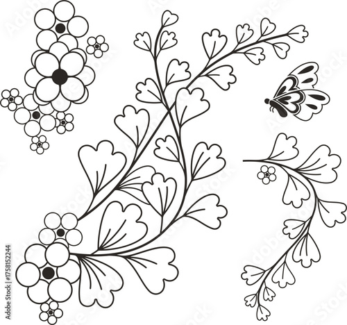 Floral vector sakura ornamental set in traditional Japanese style with blossom, leaves, butterfly. Exquisite design elements for greeting card, page, textile, wedding decoration, vinyl and laser ready