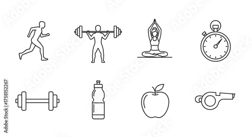 Black outline icons depicting various fitness and exercise activities, including running, weightlifting, yoga, and related objects like a stopwatch, dumbbell, water bottle, apple, and whistle.