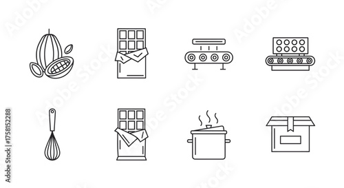 Eight black outline icons depicting different stages and tools in chocolate production, including cacao bean, chocolate bar, conveyor belts, whisk, pot, and packaging box.