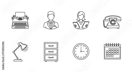 Eight black outline icons representing a typewriter, a male figure, a female figure with documents, a rotary telephone, a desk lamp, a filing cabinet, a clock, and a calendar.