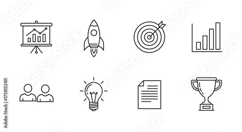 Eight minimal black outline icons representing business-related concepts: a presentation board, rocket, target, bar chart, people, light bulb, document, and trophy.