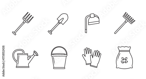 Black outline icons of gardening tools including a pitchfork, spade, hoe, rake, watering can, bucket, gloves, and seed bag, arranged in two rows.