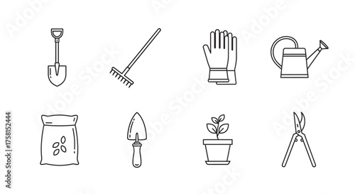 Black outline icons of various gardening tools including a shovel, rake, gloves, watering can, seed bag, trowel, potted plant, and pruning shears, arranged neatly.