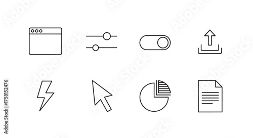 Minimalist vector set of eight black outline icons, including a browser window, sliders, toggle switch, upload symbol, lightning bolt, cursor, pie chart, and document.