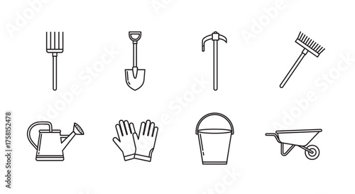 Set of black outline icons of various gardening tools including a rake, shovel, hoe, broom, watering can, gloves, bucket, and wheelbarrow.