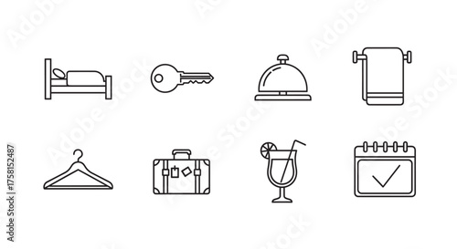 Simple black outline icons depicting hotel amenities, including a bed, key, bell, towel, hanger, suitcase, cocktail, and calendar with a check mark.