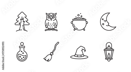 Eight black outline icons including a tree, owl, cauldron, moon, potion bottle, broom, witch hat, and lantern, representing various spooky and magical themes.