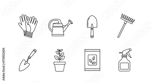 Black outline icons displaying various gardening tools including gloves, watering can, shovel, rake, trowel, plant pot, seed packet, and spray bottle.