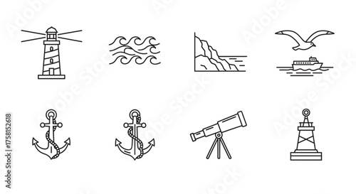 Black outline icons depicting various nautical elements, including a lighthouse, waves, a cliff, seagull, ship, anchors, telescope, and beacon.