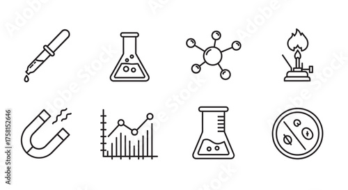 Black outline icons depicting a pipette, flask, molecular model, burner, magnet, graph, graduated cylinder, and petri dish, representing scientific concepts.
