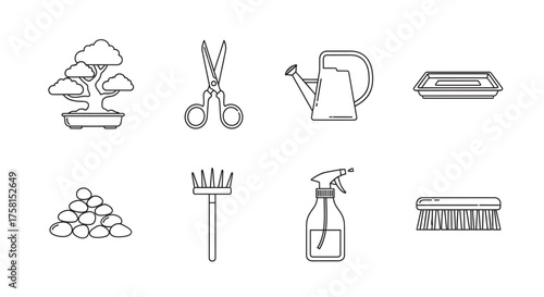 Black outline icons of gardening tools including bonsai tree, scissors, watering can, rake, spray bottle, and brush. simple linear illustrations for gardening and horticulture concepts.