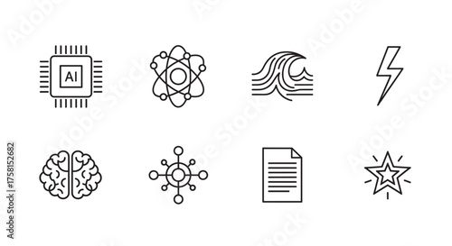 Eight simple black outline icons depicting artificial intelligence, atom, wave, lightning bolt, brain, network, document, and star.