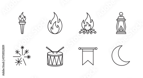 Eight black outline icons representing a torch, flame, campfire, lantern, sparklers, drum, banner, and crescent moon arranged in two rows.