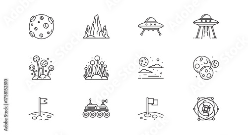 Black outline of various space-themed icons, including planets, ufos, futuristic landscapes, and exploration tools, showcasing elements of science fiction and astronomy.