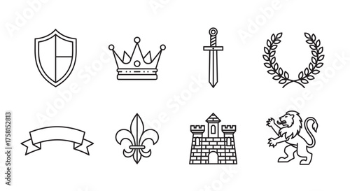 Eight black outline medieval icons including a shield, crown, sword, laurel wreath, banner, fleur-de-lis, castle, and lion on a plain background.