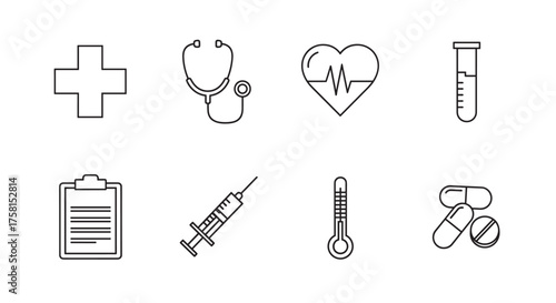 Black outline vector icons of medical symbols, including a cross, stethoscope, heartbeat, test tube, clipboard, syringe, thermometer, and pills.