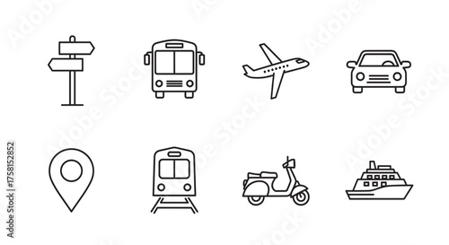Set of eight simple black outline icons depicting various transportation modes including a bus, airplane, car, and train for travel concepts.