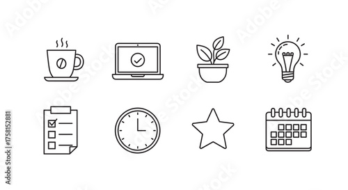 Black outline icons representing a coffee cup, laptop, potted plant, light bulb, checklist, clock, star, and calendar in a minimalist style.