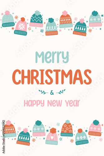 Colourful Christmas greeting card in cartoon style. Funny hand drawn winter hats. Vector illustration