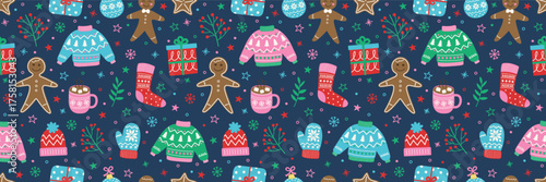 Fotomural Christmas background with colourful cute hand drawn decorations