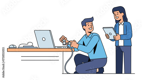 Man fixing laptop cable woman assisting with tablet vector illustration for IT support and troubleshooting