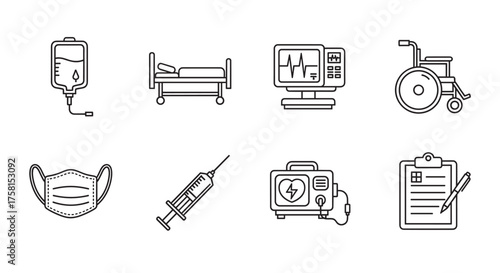Outline icons representing various medical equipment, including iv bag, hospital bed, heart monitor, wheelchair, face mask, syringe, defibrillator, and clipboard.
