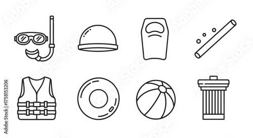 Black outline icons depicting various swimming and beach accessories, including a snorkel mask, swim cap, and beach ball.