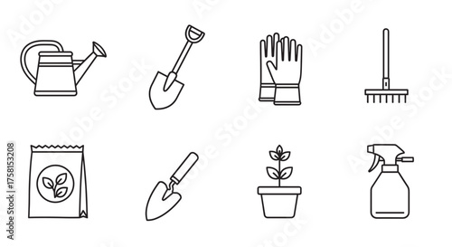 Black outline vector icons of various gardening tools, including watering can, shovel, gloves, rake, seed packet, trowel, potted plant, and spray bottle.