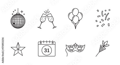 Black outline vector icons of festive elements, including a disco ball, champagne glasses, balloons, confetti, star, calendar, masquerade mask, and party horn.