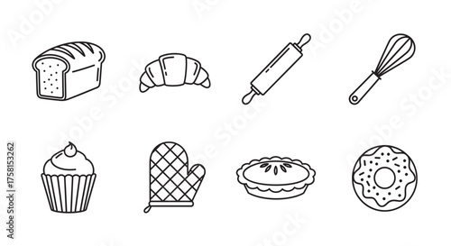 Black outline icons of various baking items, including bread, croissant, rolling pin, whisk, cupcake, oven mitt, pie, and donut, representing kitchen utensils and baked goods.