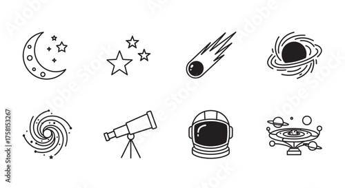 Black outline icon set of space elements including moon, stars, comet, swirling black hole, galaxy, telescope, astronaut helmet, and orbiting space station.