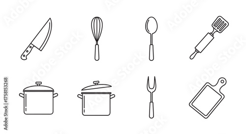 Black outline icons of kitchen utensils including a knife, whisk, spoon, spatula, pots, fork, rolling pin, and cutting board.